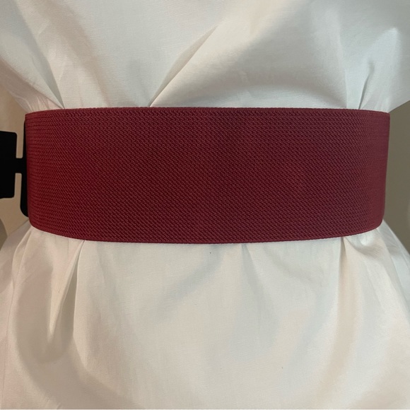 Burgundy PU leather circle buckle w/ rhinestones details elastic waistband belt - Picture 4 of 8